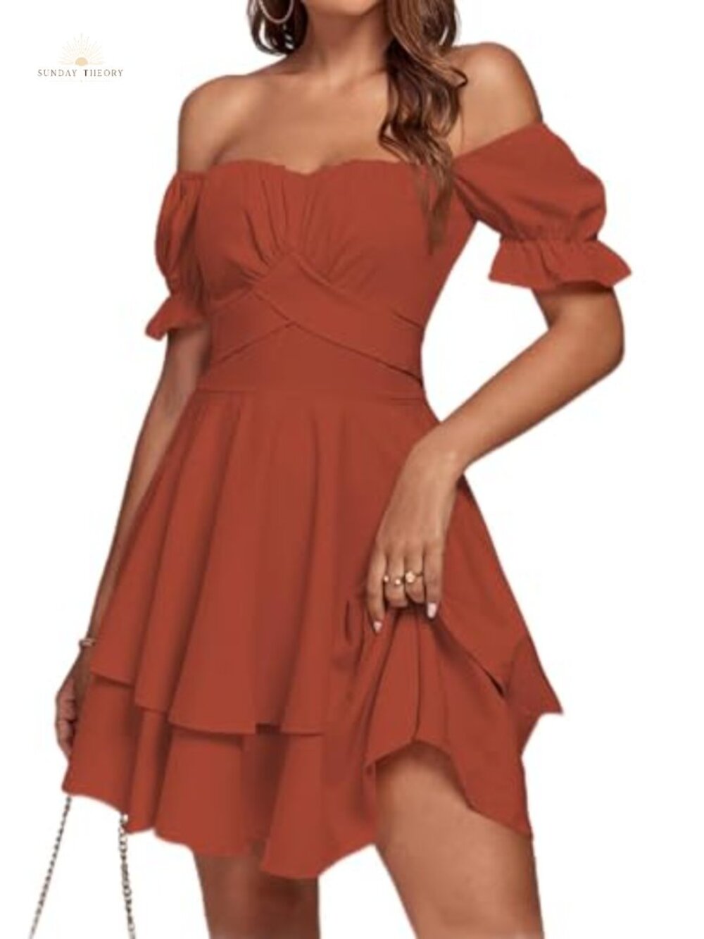 Off Shoulder Ruffle Hem Mini Dress Ruched Bust Tie Back Wrap Casual